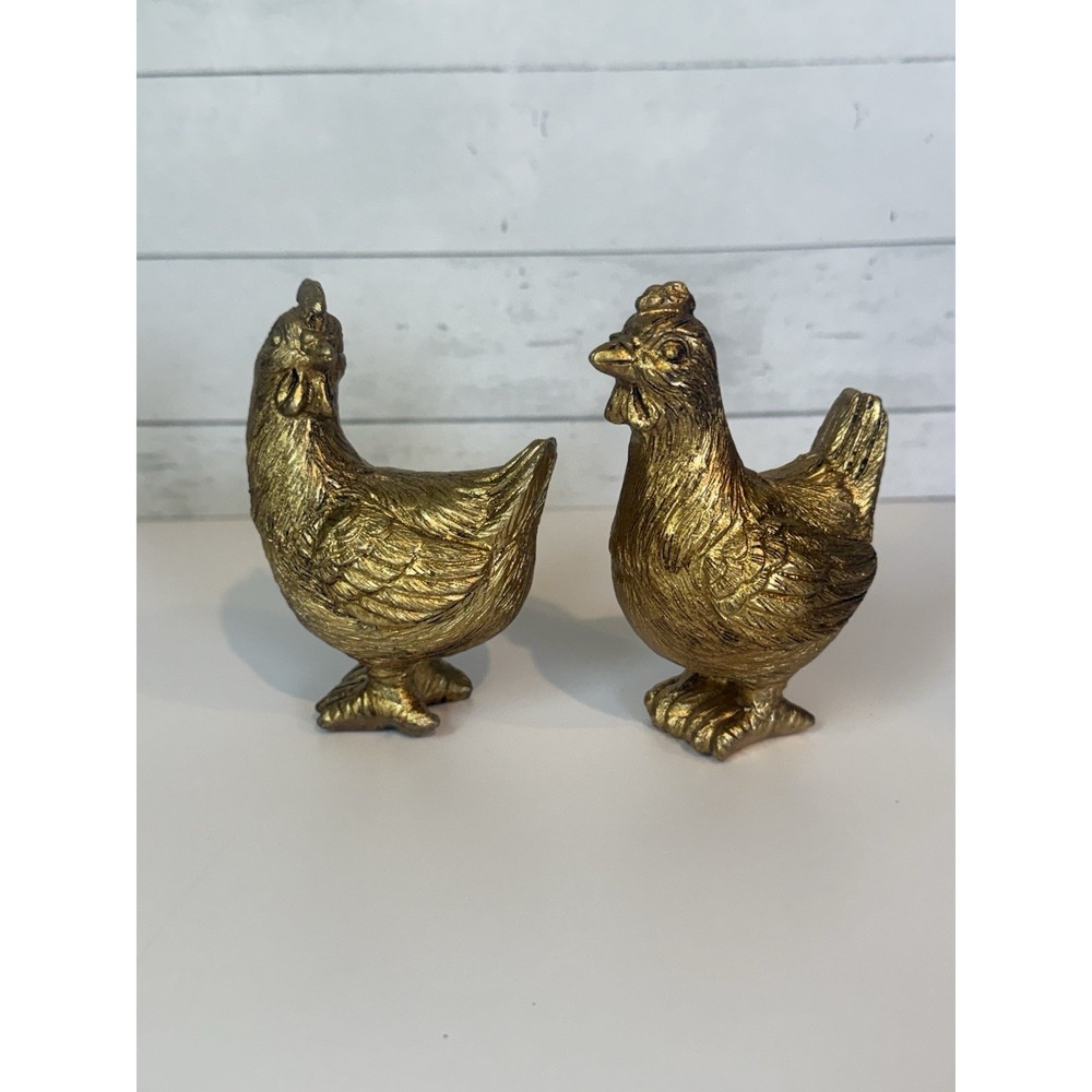 Vintage Gold-Tone Resin Hen Chicken Figurines Set of 2 Farmhouse Decor 3.5"